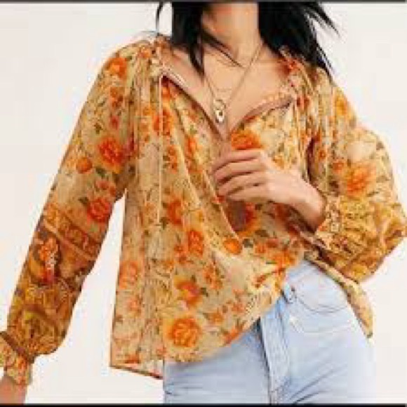 SPELL & The Gypsy Seashell Floral Semi Sheer Long Sleeve Fall Print Blouse - Picture 4 of 13